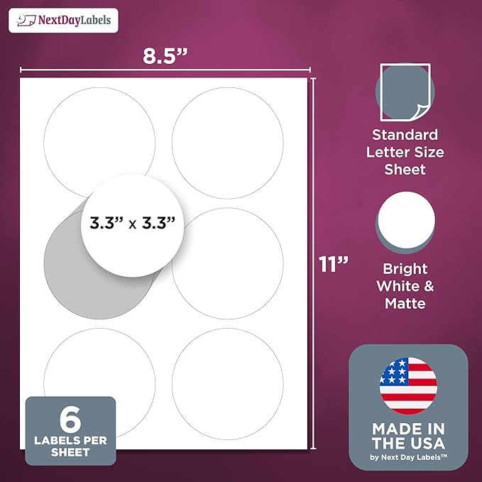 NextDayLabels 3.33 Inch Round Circle Stickers White Blank Labels for Laser Inkjet Printer - 6 Per Sheet Self-Adhesive Product Packaging Logo Made in USA - 300 Labels