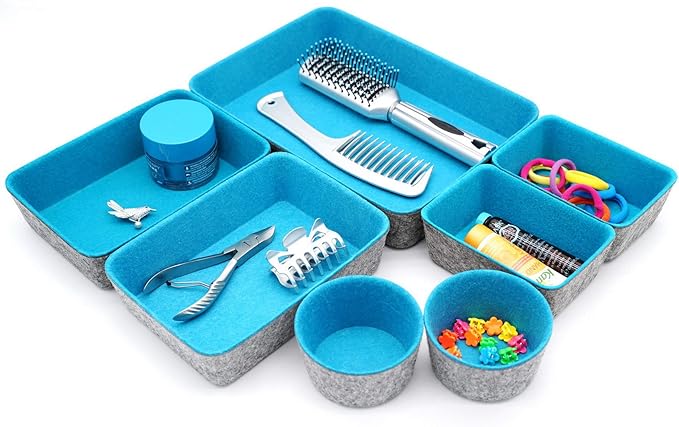 Welaxy Drawer organizers bins felt tray desk storage bins dividers small organizing box for office supplies closet cabinet makeup holder Fall room decor 7-piece (Turquoise)
