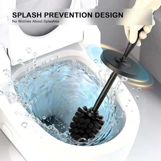 Stainless Steel Toilet Brush and Holder Set : Weighted Stable Base, Removable Inner Tube.Long Handle Toilet Bowl Brush Splash-Proof Design for Deep Cleaning & Space-Saving Storage,Black