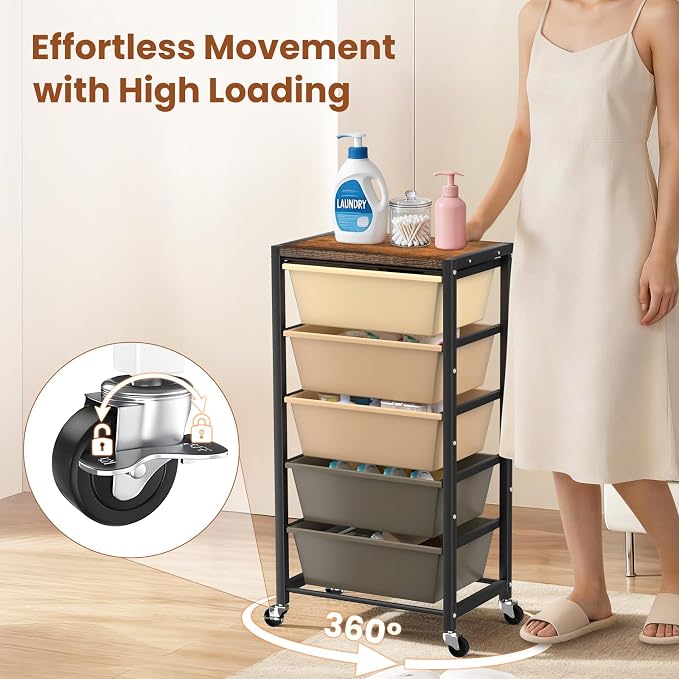 Rolling Cart with 5 Drawers, Plastic Drawer Storage Carts with Wheels & Wooden Tabletop, Metal Utility Cart for Office Bedroom Living Room Classroom, Craft Organization and Storage, Brown