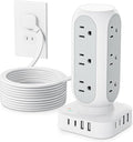 2 Prong Tower Power Strip, 2 to 3 Prong Outlet Adapter with 12 AC Outlets, 8 USB Ports, 10 FT Long Extension Cord for Non-Grounded Outlet, Home, Office, Dorm Room Use