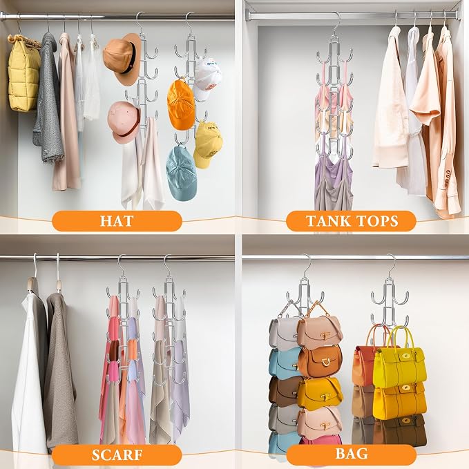 Purse Hanger for Closet, 360 Degree Purse Organizer with 10 Hooks Bag Handbag Hanger Hooks for Purse Hanging, Durable Purse Display Rack Space-Saving Bag Organizer for Women 2 Pack
