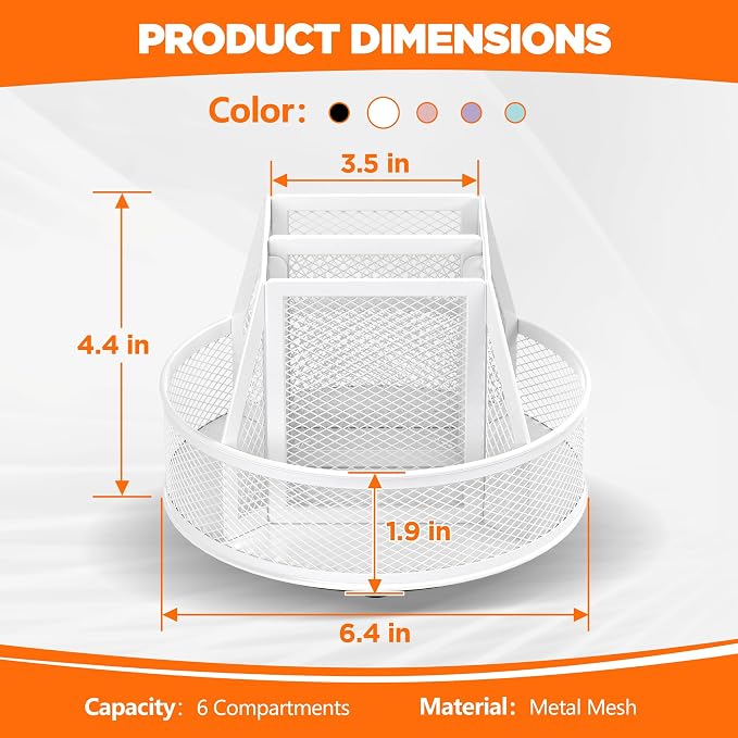 Docnest 360°Rotating Mesh Desk Organizer,6-Compartment Pen Holder,White | Heavy-duty metal holder with removable divider. Space-saving stationery storage for pencils, scissors & markers