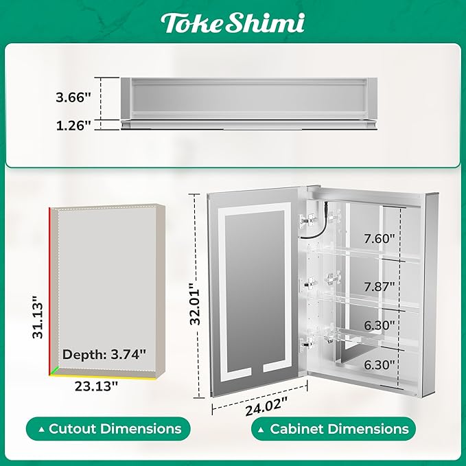 TokeShimi 24x32 Anti-Fog Led Medicine Cabinet Mirrored for Bathroom Surface or Recessed, Medicine Cabinet Mirror with Lights 3 Color Dimmable and Sockets, 2-Side Mirror with Storage UL-Listed Driver