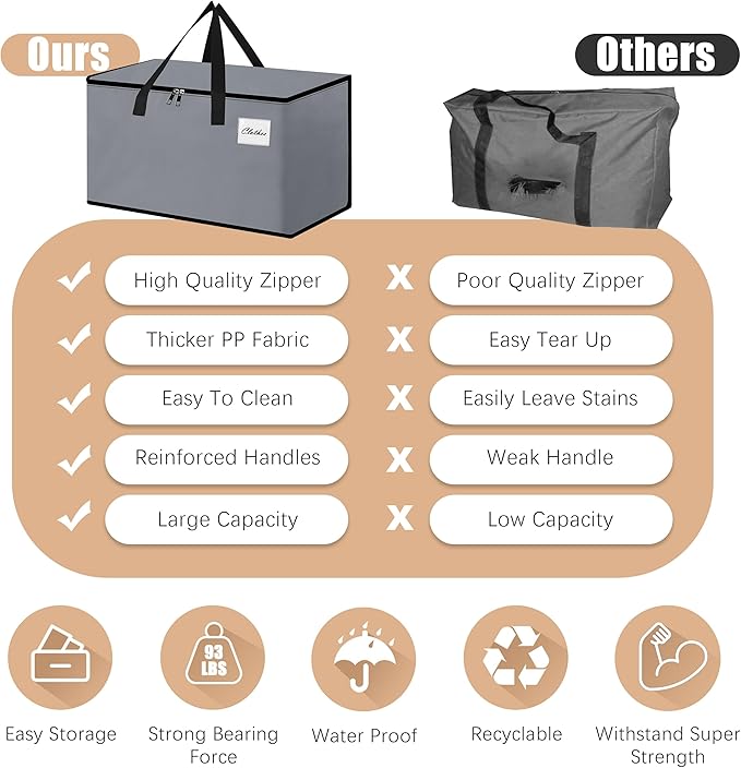 NATURELUX Heavy Duty Moving Bags - Extra Large Packing Bags and Storage Totes, Collapsible and Foldable Option for Moving and Storage, Grey, 93 L - 6 Pack