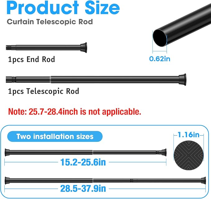 2Pack Black Tension Curtain Rods18 to 36 Inch,Spring Loaded Curtain Rods No Drilling,Small Tension Rod for Windows Door Closet,Pressure Rod