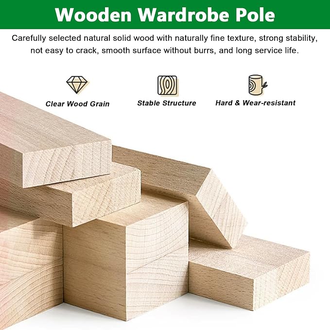 Solid Wood Closet Rod Heavy Duty Wooden Hanging Clothes Bar Cut To Size Custom Length Smooth Straight Wood Dowel Rods Long Wooden Stick Curtain Rod Wood Pole (Dia 1′′,L20in)