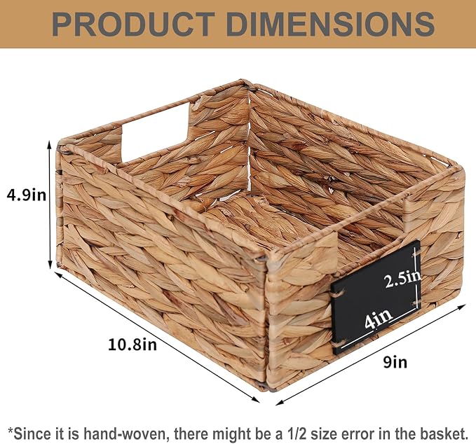 LYJWOO6D Water Hyacinth Storage Baskets Set of 4 Wicker Pantry Baskets,Hand-Woven Foldable Seagrass Organizers with Chalkboard Labels and Chalk Marker,Rectangular Shelf Basket for Organizing