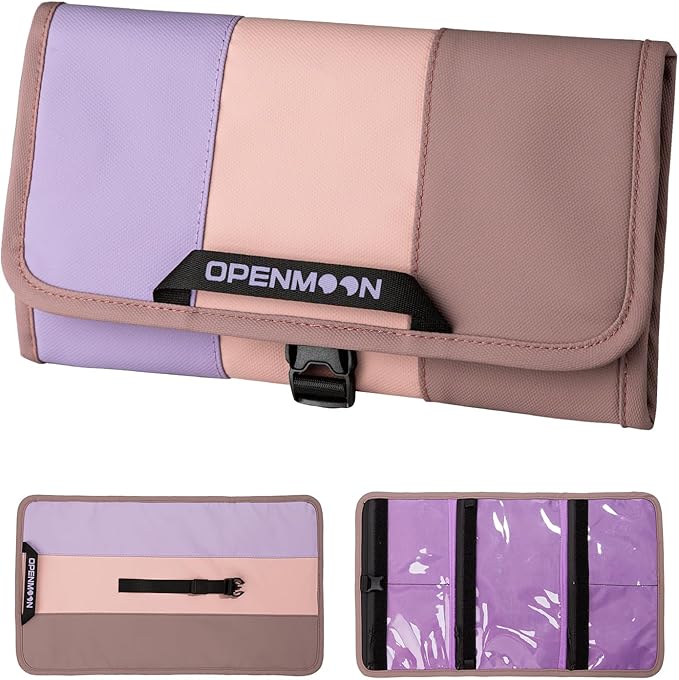 OPENMOON Multi-Purpose Storage Bag, Tri-Fold Design, 5 Compartments, Splash-Proof, for Cables, Toiletries, Makeup (Purple+Pink)