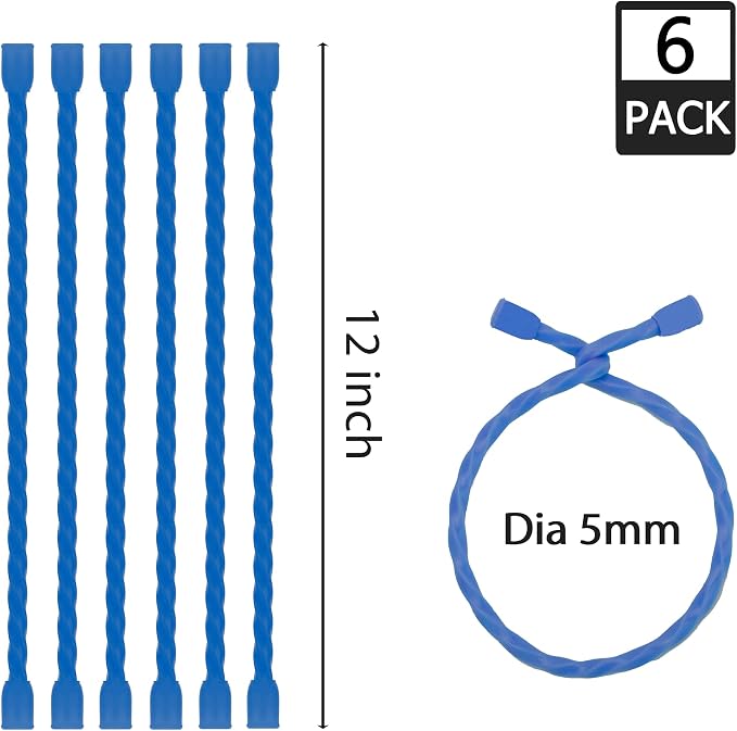 6 PCS 12-Inch Silicone Cable Ties Dia 5mm Reusable Steel-Core Rubber Twist Ties Bendable Cable Ties for Bundling and Holding, All Purpose Cord Tie for Indoor and Outdoor (Blue)