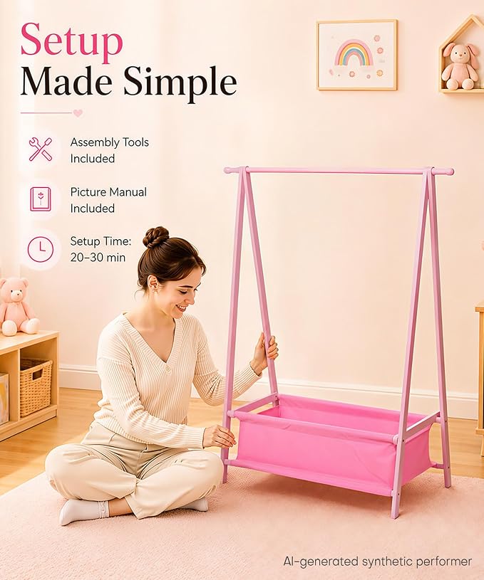 Homde Sturdy Kids Clothes Rack: 66 lb Capacity for Growing Wardrobe Needs | Hanging Rod Holds Clothes, Basket Stores Items Below - Helps Kids Build Tidy Habits - Angled Bamboo Side Frames Add Stability