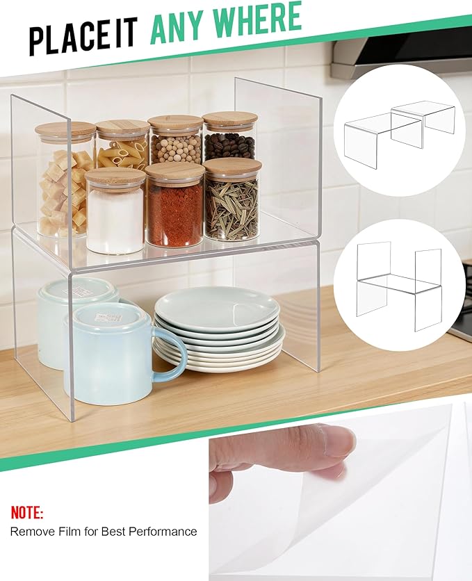 Acrylic Cabinet Organizer, Set of 2 Clear Shelf Organizer for Kitchen Pantry Organizers and Storage, Display Cabinet Shelf Room Decor Countertop Desk Shelves, Spice Organization for Cabinet