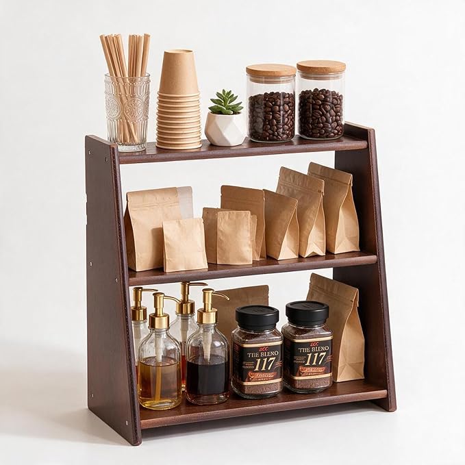 100% Solid Wood Coffee Station Organizer, Countertop Organizer | 3 Tier Spice Rack, Kitchen & Bathroom Counter Organizer, Water Proof Rustic Display Shelf for Mug, Makeup, Trinket, perfume