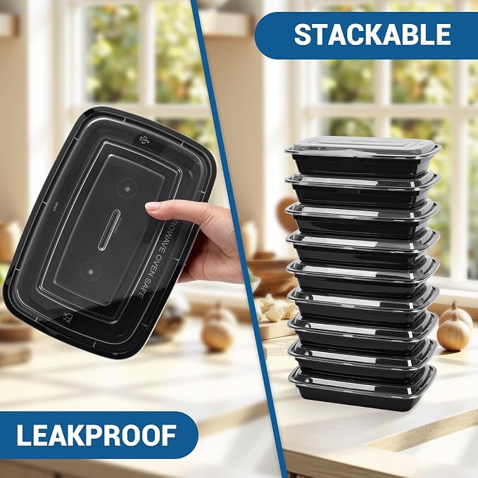 50-Pack 24 oz Reusable Meal Prep Containers 1 Compartment Food Storage Containers with Lids, Bento Box, Stackable, Microwave/Dishwasher/Freezer Safe, BPA Free