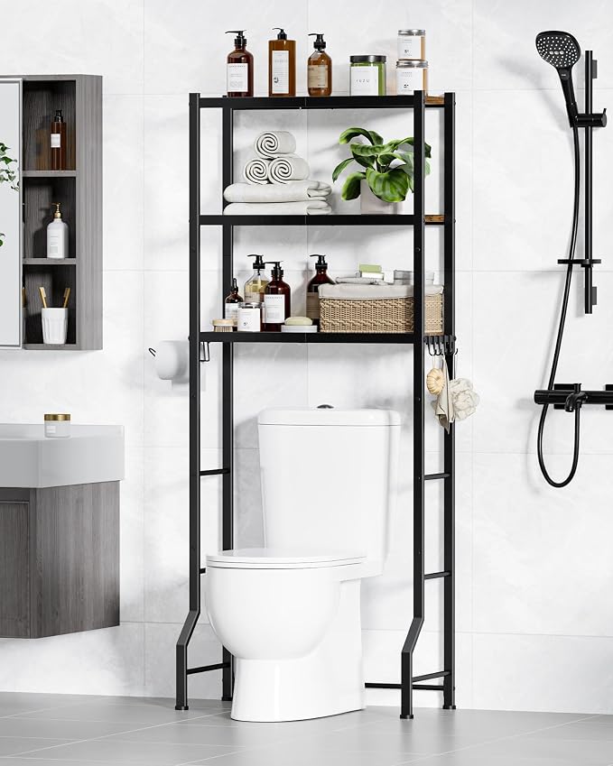 Kitsure Over The Toilet Storage Rack, 3-Tier Metal Frame | Small Bathroom, Space Saving Storage, Heavy Duty Metal Frame, Easy Assembly, Brown & Black, 61"H