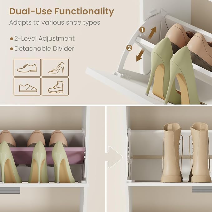 Shoe Cabinet with 4 Flip Drawers, Freestanding Shoe Rack Organizer with Adjustable Shelves, 47.2" W x 8.7" D x 33.1" H Narrow Shoe Storage Cabinet for Entryway, Foyer, Hallway, White