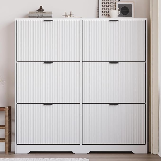 BORNOON Large Shoe Cabinet for Entryway, Tall Narrow Shoe Storage Cabinet with 6 Flip Drawers and Adjustable Shelves, Shoe Rack Cabinet Organizer for Hallway, Foyer, Small Apartment