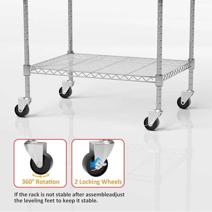 Garage Shelving with Wheels, 4 Tier Shelving Unit and Adjustable Feet, 865 lb High Capacity Rolling Storage Shelf for Kitchen, Office, Dining Room, Garage, Chrome