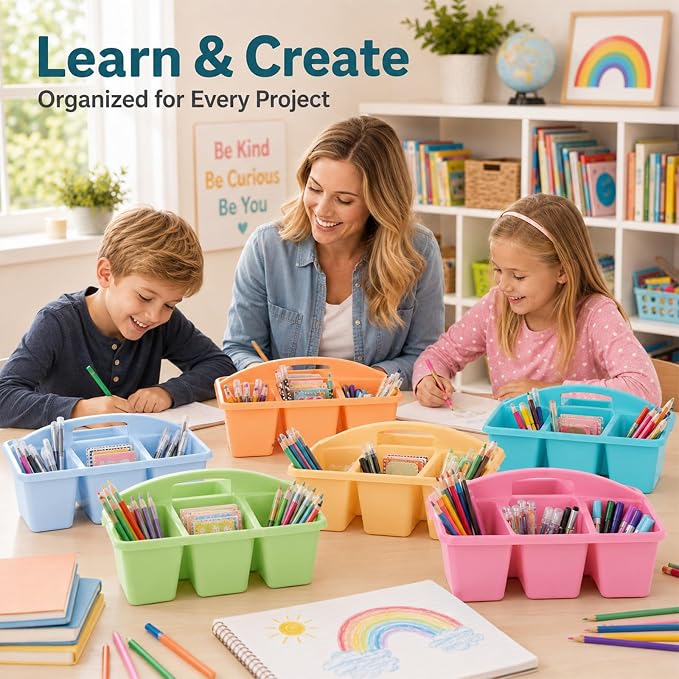 6 Pack Assorted Colors 6 Compartment Classroom Caddy with Handle Portable Plastic Storage Classroom Caddies Organizer for Classrooms Supply Teacher Office Table Desk(Pastel)