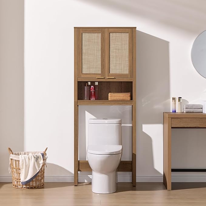 SICOTAS Over the Toilet Storage Cabinet, Rattan Door Bathroom Organizer | Freestanding Bathroom Organizer with Adjustable Shelf, Over Toilet Storage Cabinet for Bathroom, Laundry Room, dnd Restroom