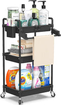SPACEKEEPER Rolling Storage Cart, 3 Tier Utility Cart Laundry Room Organization Mobile Shelving Unit Bathroom Organizer with Towel Rack, Lockable Wheel, Hooks & Cup for Kitchen Office, Black