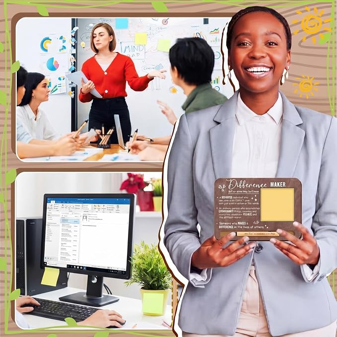 Kosiz 10 Set Brown Difference Maker Appreciation Gifts Wooden Sticky Note Holder with Notes and Ballpoint Pens Inspirational Sticky Notes Sets for Employee Coworker Staff Thank You Appreciation Gifts
