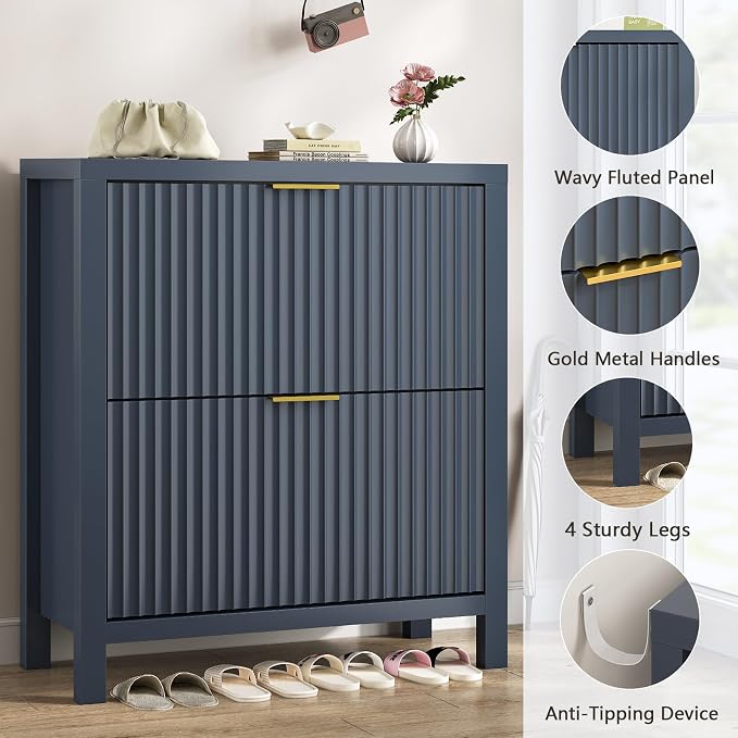 YOMILUVE Shoe Cabinet Storage for Entryway, Fluted Shoe Cabinet with 2 Flip Drawers, Hidden Shoe Rack Tall Freestanding Shoe Organizer with Legs for Hallway, Blue