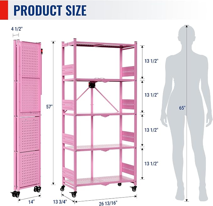 WORKPRO 5-Tier Folding Shelf, No-Assembly Metal Storage Rack with Wheels, 750 lbs Capacity (with Leveling Feet), Collapsible Shelving Unit for Kitchen, Pantry, Closet & Craft Shows - Pink