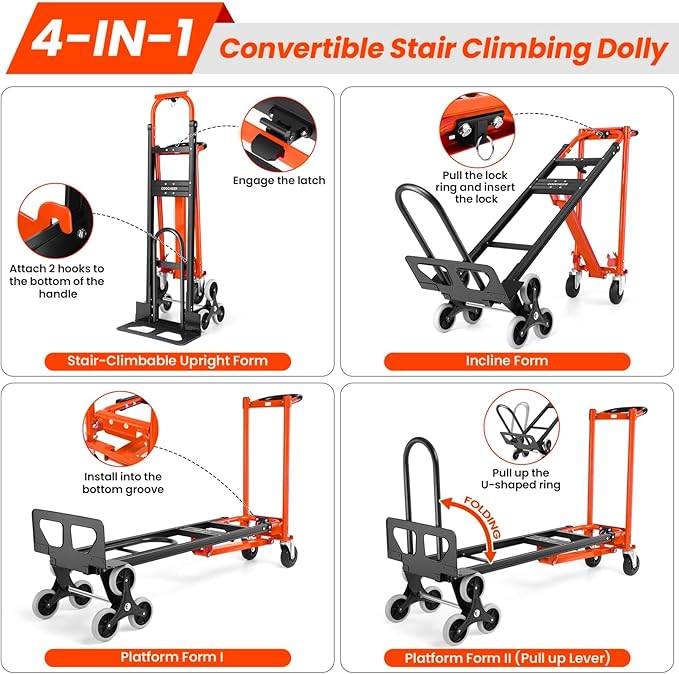 Heavy Duty 3 in 1 Convertible Hand Truck, 1000Lbs Aluminum Folding Stair Climbing Dolly with Solid Wheels for Logistics/Moving/Shopping/Office