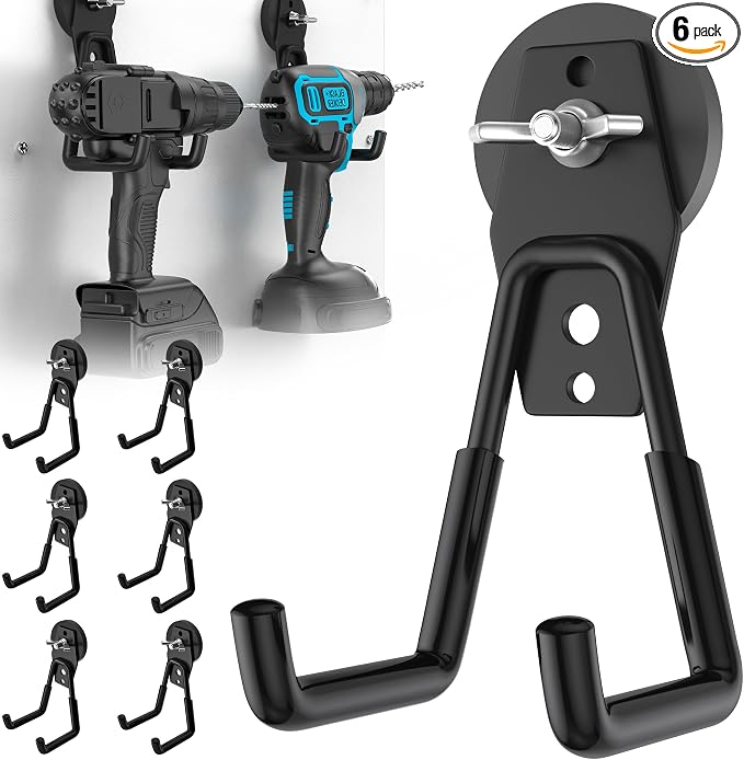 6Pcs Large Strong Magnetic Hooks Heavy Duty Garage Big Magnet Hooks Extra Strength Magnetic Utility Storage Hook Hanger with Anti Slip Coating for Garden Indoor Outdoor Hanging Tools Black
