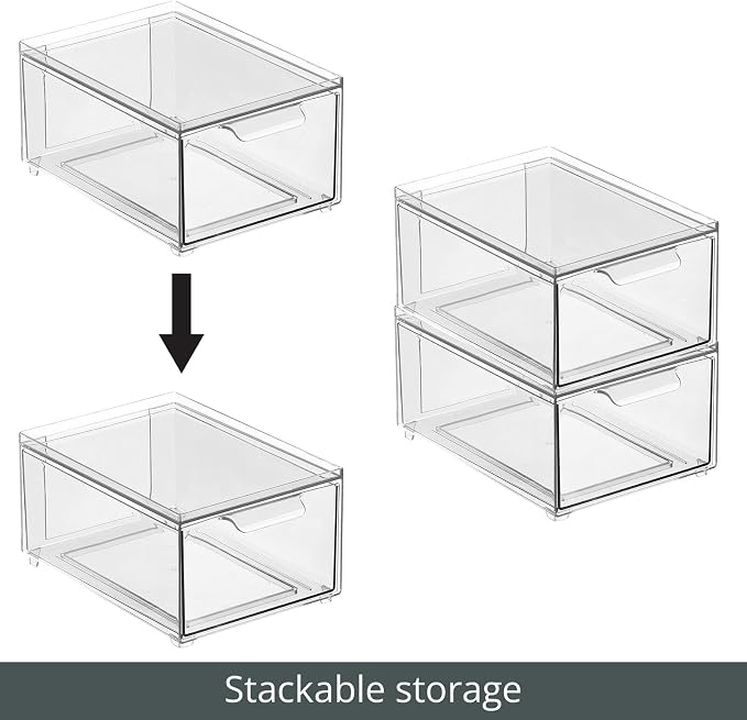 mDesign Stackable Storage Containers Box with 2 Pull-Out Drawers - Stacking Plastic Drawer Bins for Closet Organization, Linen, Coat, Bedroom or Entryway Closets - Lumiere Collection - 2 Pack - Clear