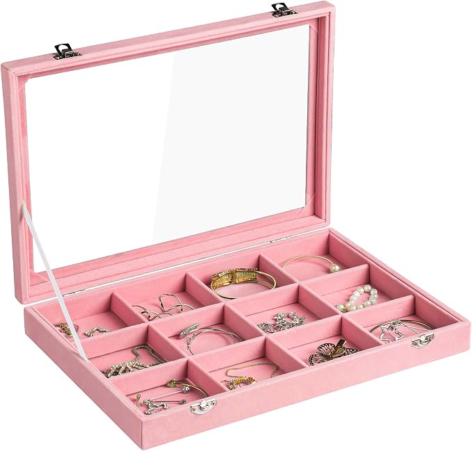 Frebeauty 12 Grid Bracelet Holder Box,Velvet Jewelry Tray with Clear Lid | Real Glass Lid,Bracelet Display,Jewelry Organizer for Bangle Brooch,Adjustable Divider,Dustproof Design,13.8×9.5Inches