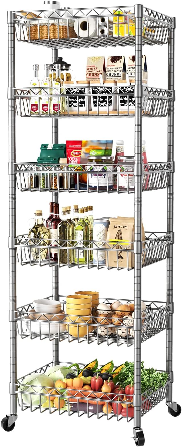 SINGAYE 6 Tier Shelf Wire Shelving Adjustable Storage Shelves Basket Rack | Adjustable Shelves with Wheels Metal Storage Unit Closet Bathroom Organizers Pantry Kitchen Garage Laundry Room Gray