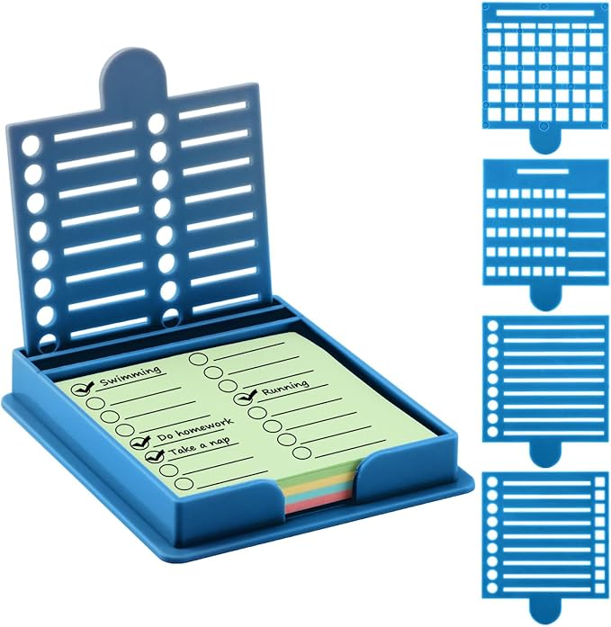 Sticky Note Holder with 5 Different Stencil & 100 Sheet Post It Notes, 3x3 inch Sticky Pads Dispenser with Line Box Drawing Template for Office and Home(COLOR:blue)