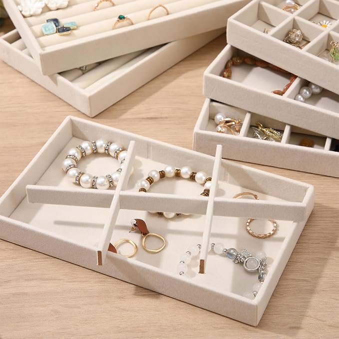 Highergo 8 Pcs Velvet Jewelry Trays Stackable Drawers Organizer Ring Earring Bracelet Necklace Storage Trays, 8.3x4.7x1''(Mixed Style)