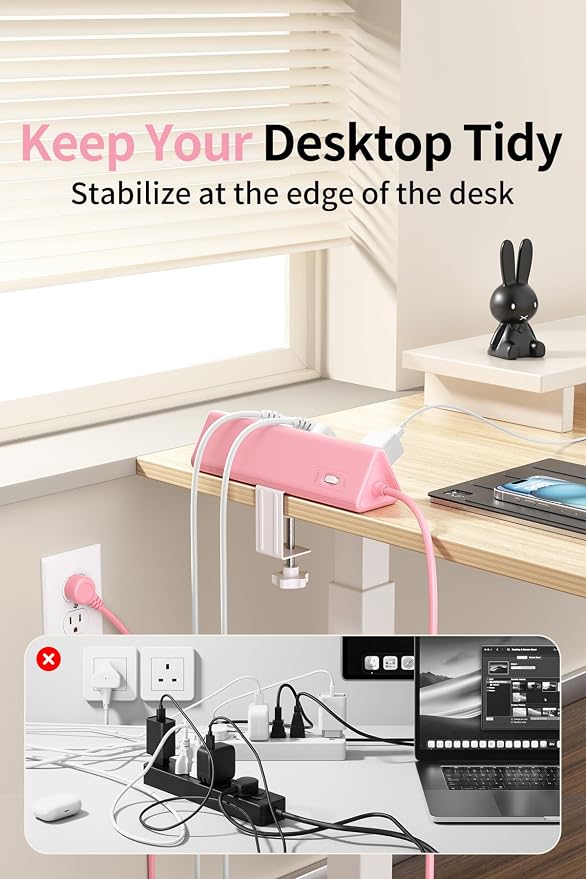 6.5 FT Desk Clamp Power Strip with 5 AC Outlets & 6 USB Ports PD 40W USB-C Fast Charging, Extension Cord with Multiple Outlets, Fits 2.1 in top Edge Pink