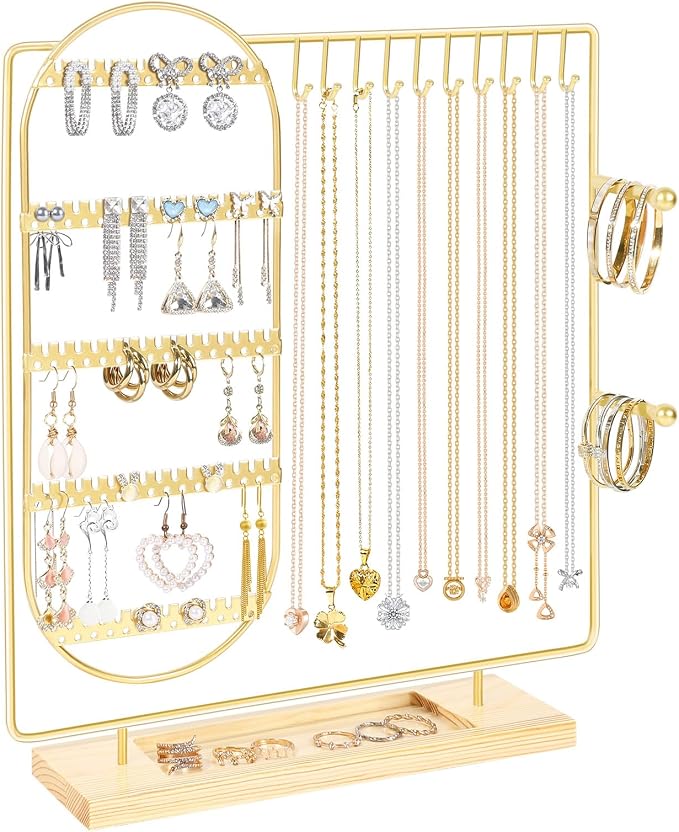 Jewelry Organizer Stand Jewelry Necklace Holder, 5-Tier Jewelry Organizers and Storage for Necklace Earring Bracelet Ring, Metal Jewelry Display Tree, Gifts Room Dorm Decor for Girls - Gold
