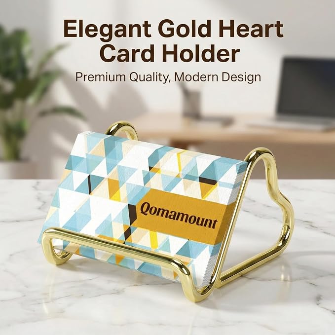 Qomamount Business Card Holder,Cute Heart-Shaped Metal Card Display Stand,Vertical Desktop Name Card Organizer,Small Phone Stand & Photo Holder for Office,Wedding,Reception,Exhibition(Gold)