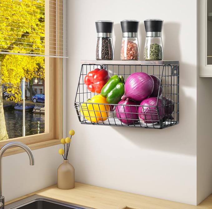 Wawocs Fruit Basket for Kitchen Counter, Fruit Bowl Stackable Wall Mounted Hanging Fruit Basket Wire Basket with Wood Lid with Banana Hanger Hooks, Onion,Potato,Fruit and Vegetable Storage