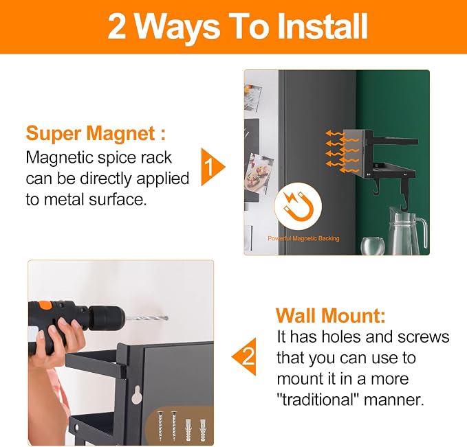 Spice Rack Magnetic Shelf, Foldable Refrigerator Magnetic Spice Holder, Wall Mounted Seasoning Organizer Hanging Spice Storage Stand with Paper Towel Holder Roll & Hooks