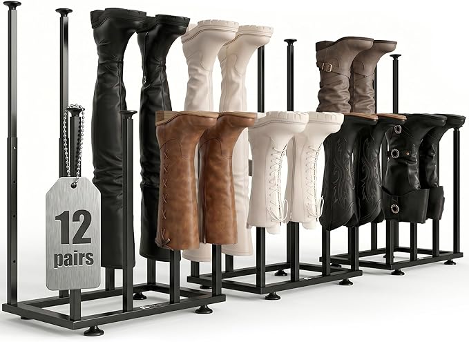 Adjustable Height Boot Rack, Metal Free Standing Shoe Storage Shelf | Cowboy Boots Organizer, Narrow Space-Saving Tall Boot Holder, for Closet Entryway Garage Bedroom, Outdoor, Apartment,12 Pairs
