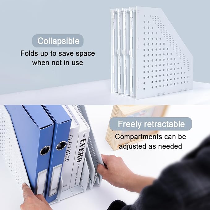 FRETONBA Collapsible Magazine File Holder, 4 Vertical Compartments | Foldable Space-Saving, Sturdy Plastic Binder Holder, Compact for Desk or Shelf, for Office & Home, Easy Access, Light Gray