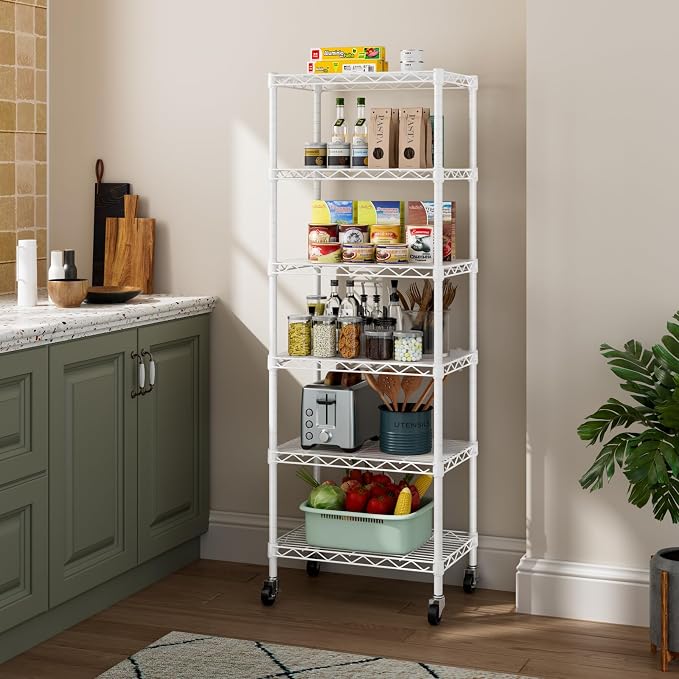 Golpart Small Shelves Storage Wire Metal Adjustable Shelf Unit with Wheels | 6 tier Shelving Organizers Storage Shelving for Bathroom Laundry Room Kitchen Pantry 11.7”D x 17.7”W x 61.6”H White