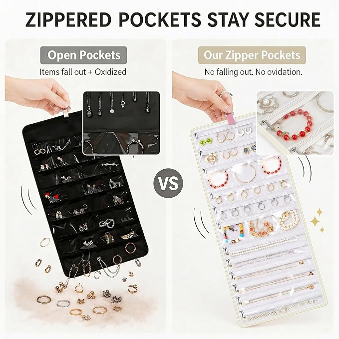 32-Pocket Hanging Jewelry Organizer and Foldable Travel Roll | Clear Zippered Pockets, Necklace Clasps, Swivel Hook and Carry Buckle Keep Pieces Visible and Tangle-Free, White