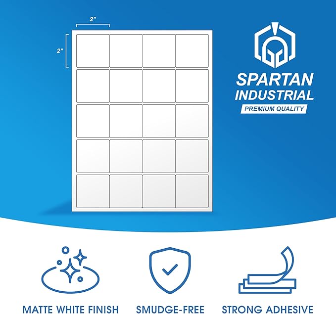 2" X 2" Matte White Printable Labels (500 Sheets, 10000 Stickers) Custom Labels, Logo Stickers, QR Codes for Laser & Inkjet Printers - Spartan Industrial Template S002