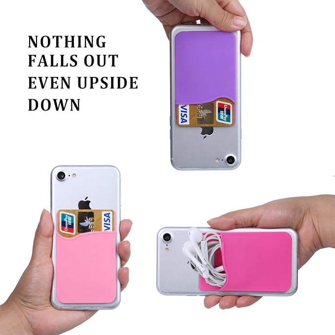 3Pack Cell Phone Card Holder Pocket for Back of Phone,Silicone Stick on Wallet Credit Card ID Case Sleeve Self Adhesive Sticker for iPhone 15 14 13 12 Pro Max,iPad,Samsung Galaxy-Pink,Purple,Rose