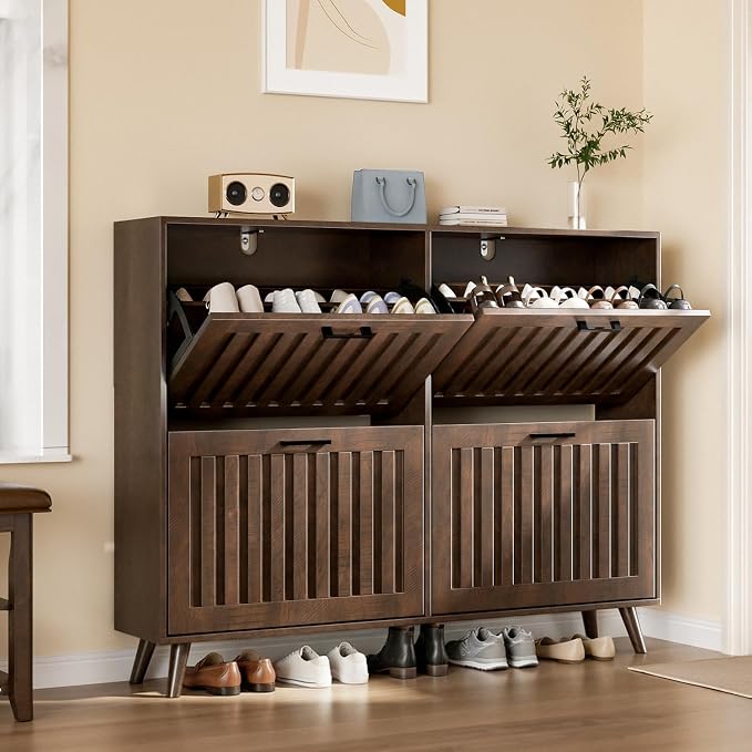 Shoe Storage Cabinet with 4 Flip Drawers, Modern Freestanding Organizer with Adjustable Shelf, Narrow Shoe Rack Cabinet for Entryway, Walnut