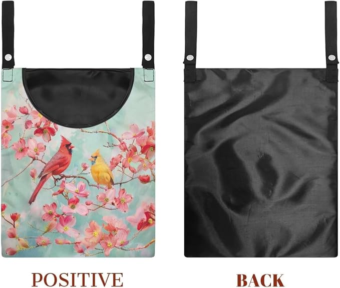 Bird Cherry Blossom Large Capacity 14.5 x 12 Inch Clothespin Bag with Hanging Hook Waterproof Clothes Pin Hanging Bag Clothespin Storage Organizer with Large Opening