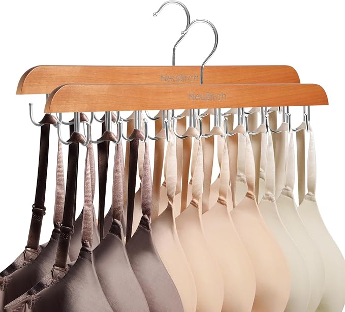 Bra Hanger for Closet Organizers and Storage | Space Saving Wooden Hanger | 20 Steel Hooks for Tank Tops, Camis, Hats, Lingeries, Belts, Ties, Scarfs Holder| 360° Rotating Non-Slip (1, 2 Pack Natural)