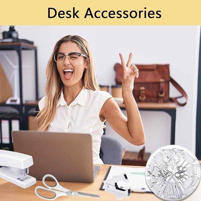 Office Supplies,Desk Accessories,Tape Holder,Stapler,Scissor,Staple Remover,Box of Binder Clips,Staples,Ballpoint Pen,Lndex Tabs,Clear Tape,Office Supplies Set(White)